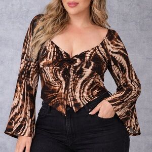 Bluebell Brown Swirl Print Mesh Top – Size 1X – Y2K Inspired Bell Sleeve Knot
